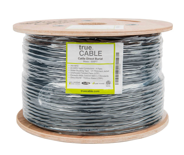 Outdoor Cat5e Cable Black 500ft trueCABLE Reel Label