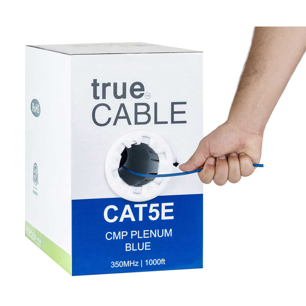 Cat5e Plenum Ethernet Cable Blue 1000ft trueCABLE Box Hand Pulling