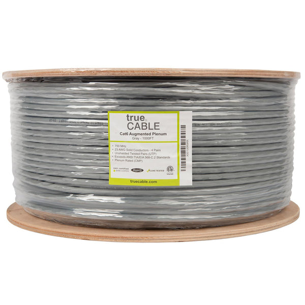 Cat6A Plenum Ethernet Cable Gray 1000ft trueCABLE Reel Label