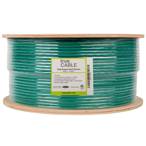 Cat6A Plenum Ethernet Cable Green 1000ft trueCABLE Reel Label
