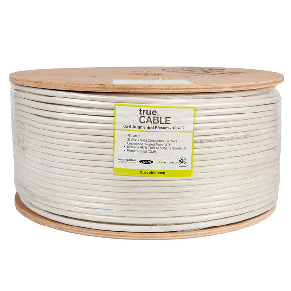 Cat6A Plenum Ethernet Cable White 1000ft trueCABLE Reel Label