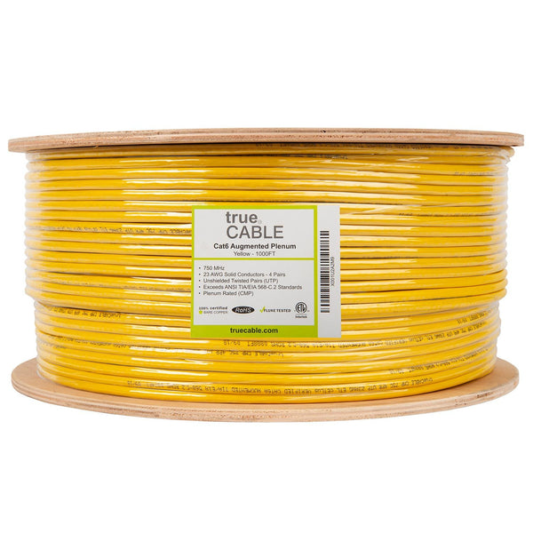 Cat6A Plenum Ethernet Cable Yellow 1000ft trueCABLE Reel Label