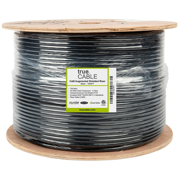 Cat6A Shielded Riser Ethernet Cable Black 1000ft trueCABLE Reel Label