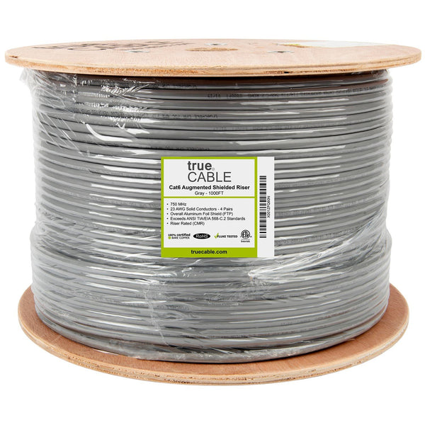 Cat6A Shielded Riser Ethernet Cable Gray 1000ft trueCABLE Reel Label