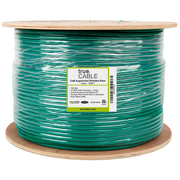 Cat6A Shielded Riser Ethernet Cable Green 1000ft trueCABLE Reel Label