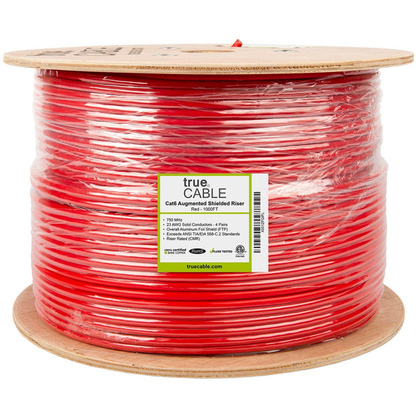 Cat6A Shielded Riser Ethernet Cable Red 1000ft trueCABLE Reel Label