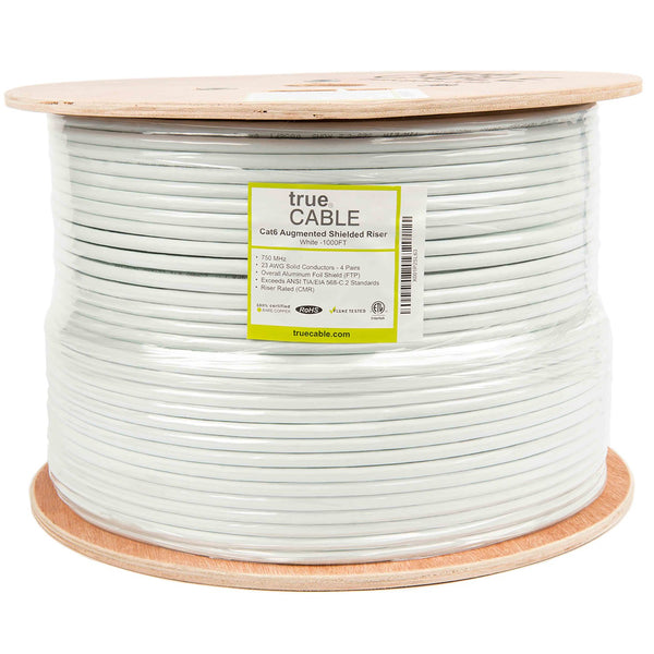 Cat6A Shielded Riser Ethernet Cable White 1000ft trueCABLE Reel Label