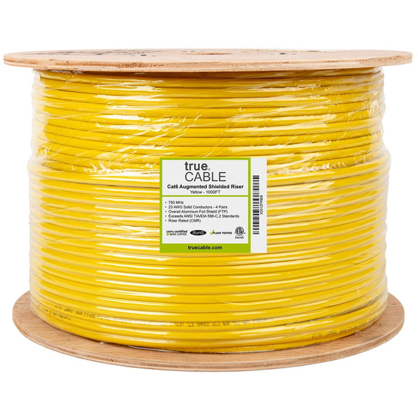 Cat6A Shielded Riser Ethernet Cable Yellow 1000ft trueCABLE Reel Label