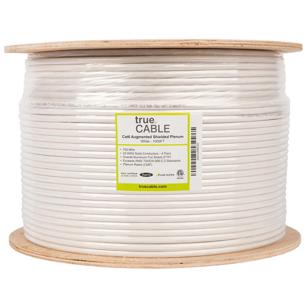Cat6A Shielded Plenum Ethernet Cable White 1000ft trueCABLE Reel Label
