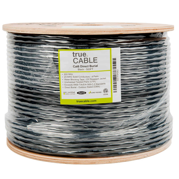 Outdoor Cat6 Cable Black 500ft trueCABLE Reel Label