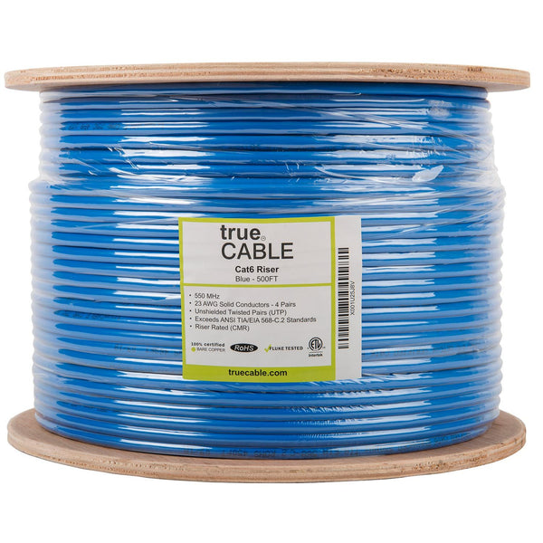 Cat6 Riser Ethernet Cable Blue 500ft trueCABLE Reel Label