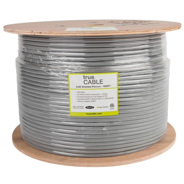 Cat6 Shielded Plenum Ethernet Cable Gray 1000ft trueCABLE Reel Label
