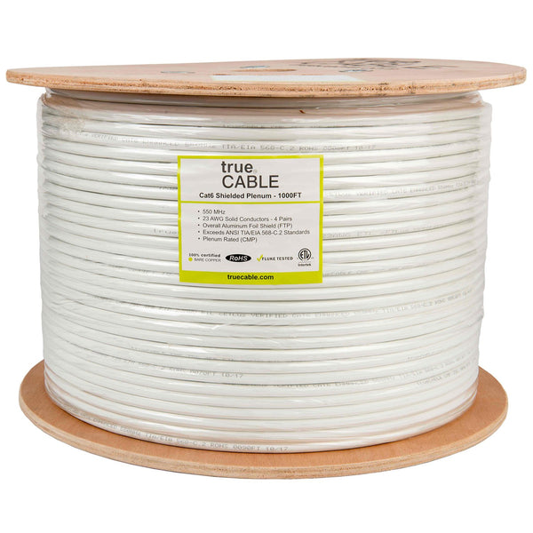 Cat6 Shielded Plenum Ethernet Cable White 1000ft trueCABLE Reel Label