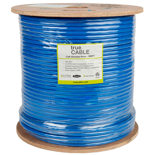 Cat6 Shielded Riser Ethernet Cable Blue 500ft trueCABLE Reel Label