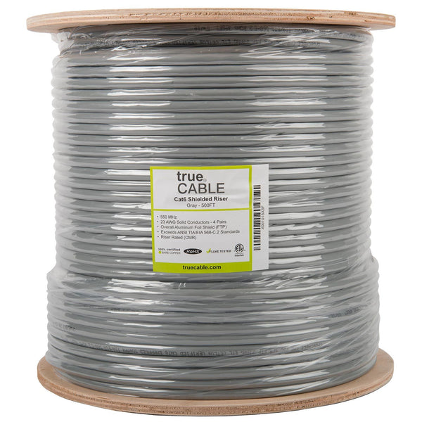 Cat6 Shielded Riser Ethernet Cable Gray 500ft trueCABLE Reel Label