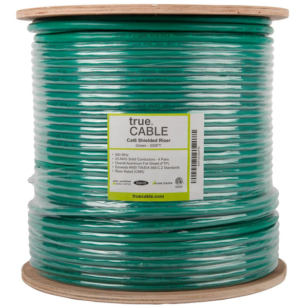 Cat6 Shielded Riser Ethernet Cable Green 500ft trueCABLE Reel Label