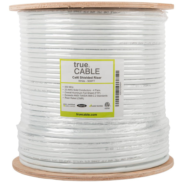 Cat6 Shielded Riser Ethernet Cable White 500ft trueCABLE Reel Label