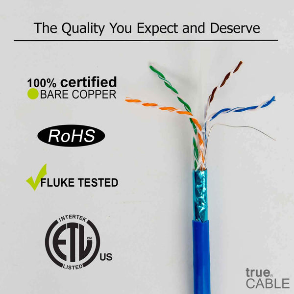 Cat6A Shielded Riser Ethernet Cable Blue 1000ft trueCABLE Close Up