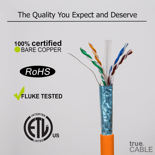 Cat6A Shielded Riser Ethernet Cable Orange 1000ft trueCABLE Close Up