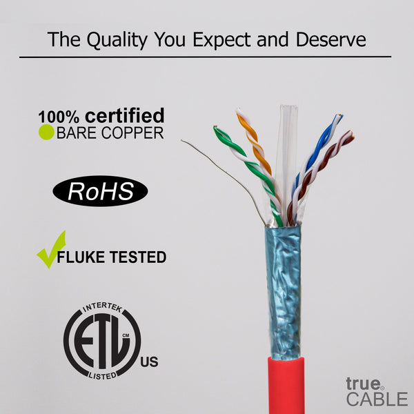Cat6A Shielded Riser Ethernet Cable Red 1000ft trueCABLE Close Up