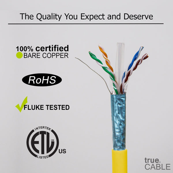 Cat6A Shielded Riser Ethernet Cable Yellow 1000ft trueCABLE Close Up