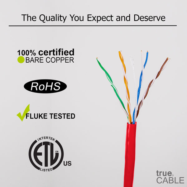 Cat5e Riser Ethernet Cable Red 1000ft trueCABLE Close Up