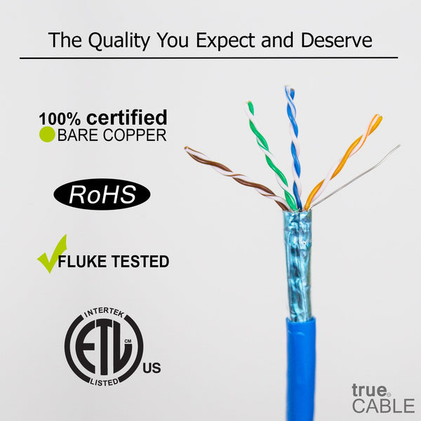 Cat5e Shielded Riser Ethernet Cable Blue 1000ft trueCABLE Close Up