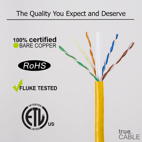 Cat6A Plenum Ethernet Cable Yellow 1000ft trueCABLE Close Up