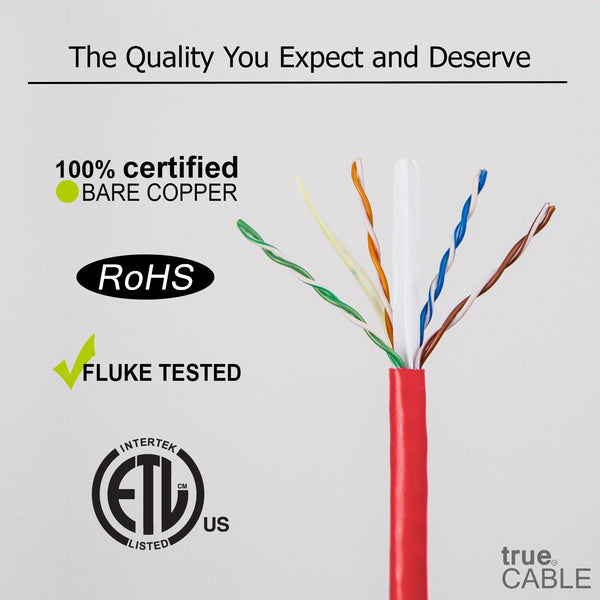 Cat6A Riser Ethernet Cable Red 1000ft trueCABLE Close Up