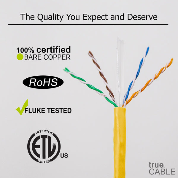 Cat6A Riser Ethernet Cable Yellow 1000ft trueCABLE Close Up