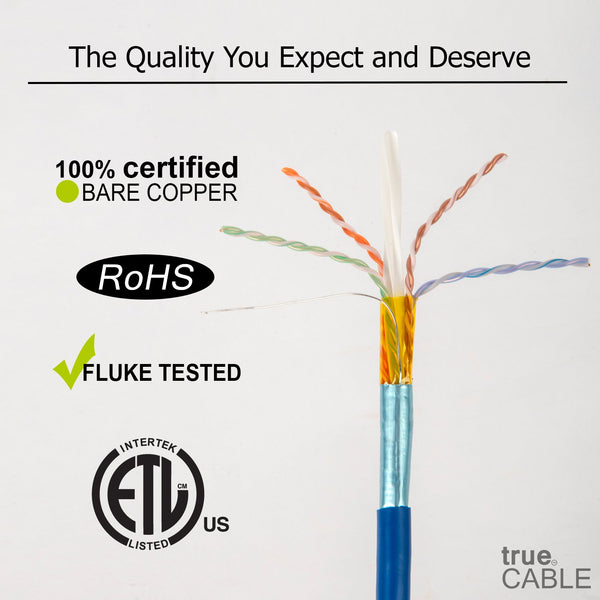 Cat6A Shielded Plenum Ethernet Cable Blue 1000ft trueCABLE Close Up