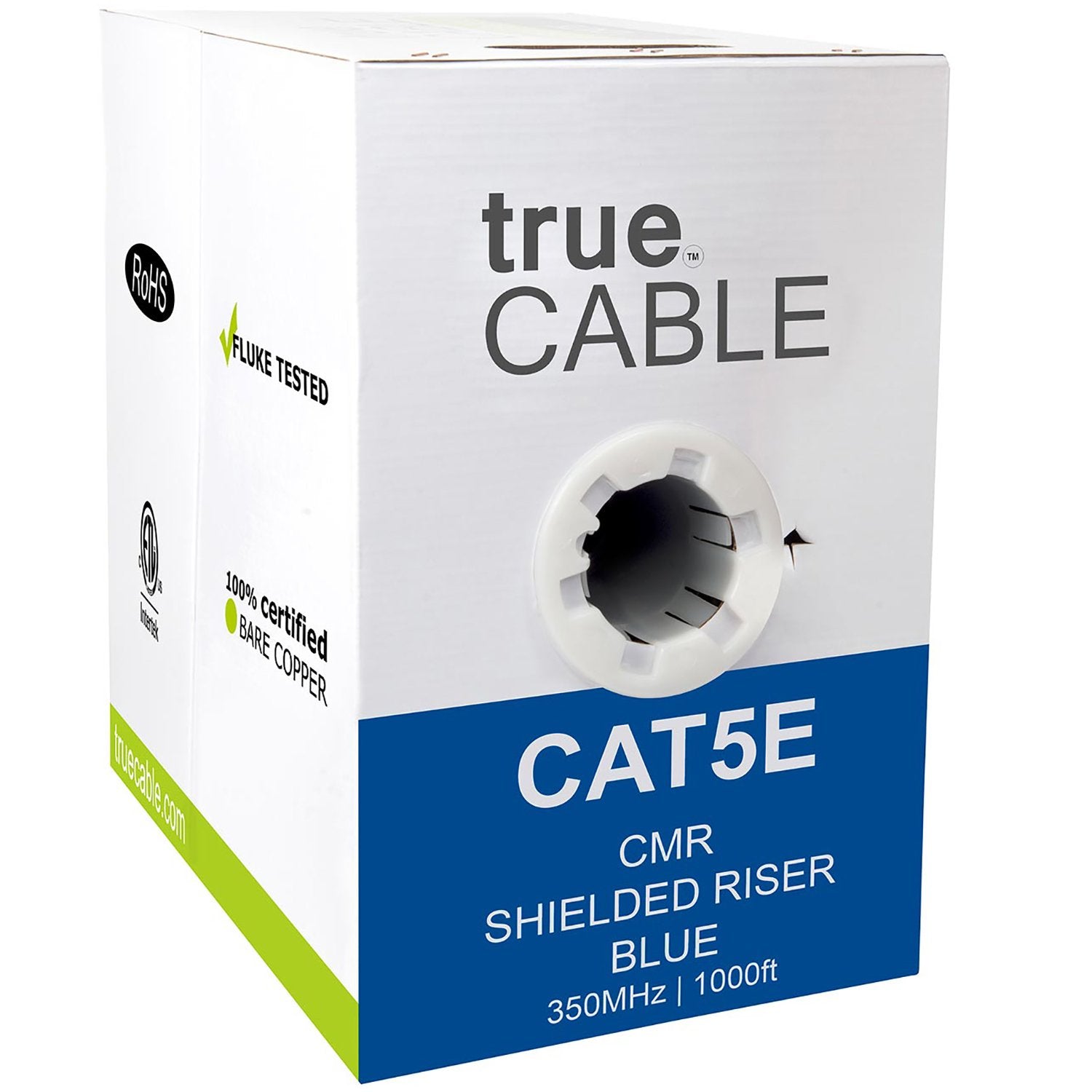 Cat5e Shielded Riser Ethernet Cable Blue 1000ft trueCABLE Box Front