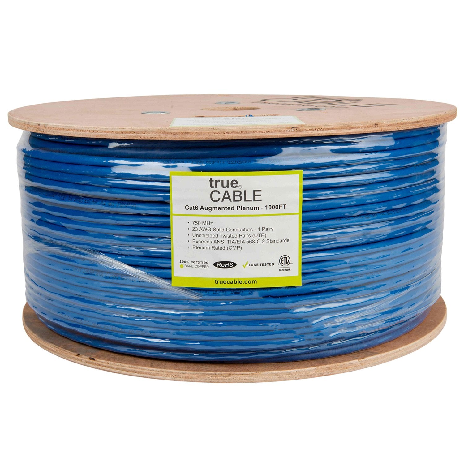 Cat6A Plenum Ethernet Cable Blue 1000ft trueCABLE Reel Label