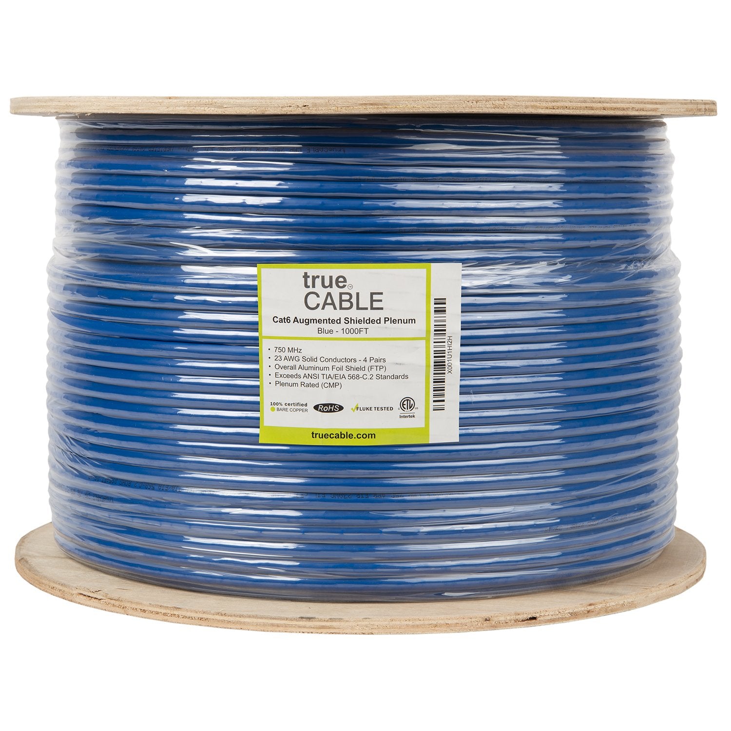 Cat6A Shielded Plenum Ethernet Cable Blue 1000ft Reel Spool