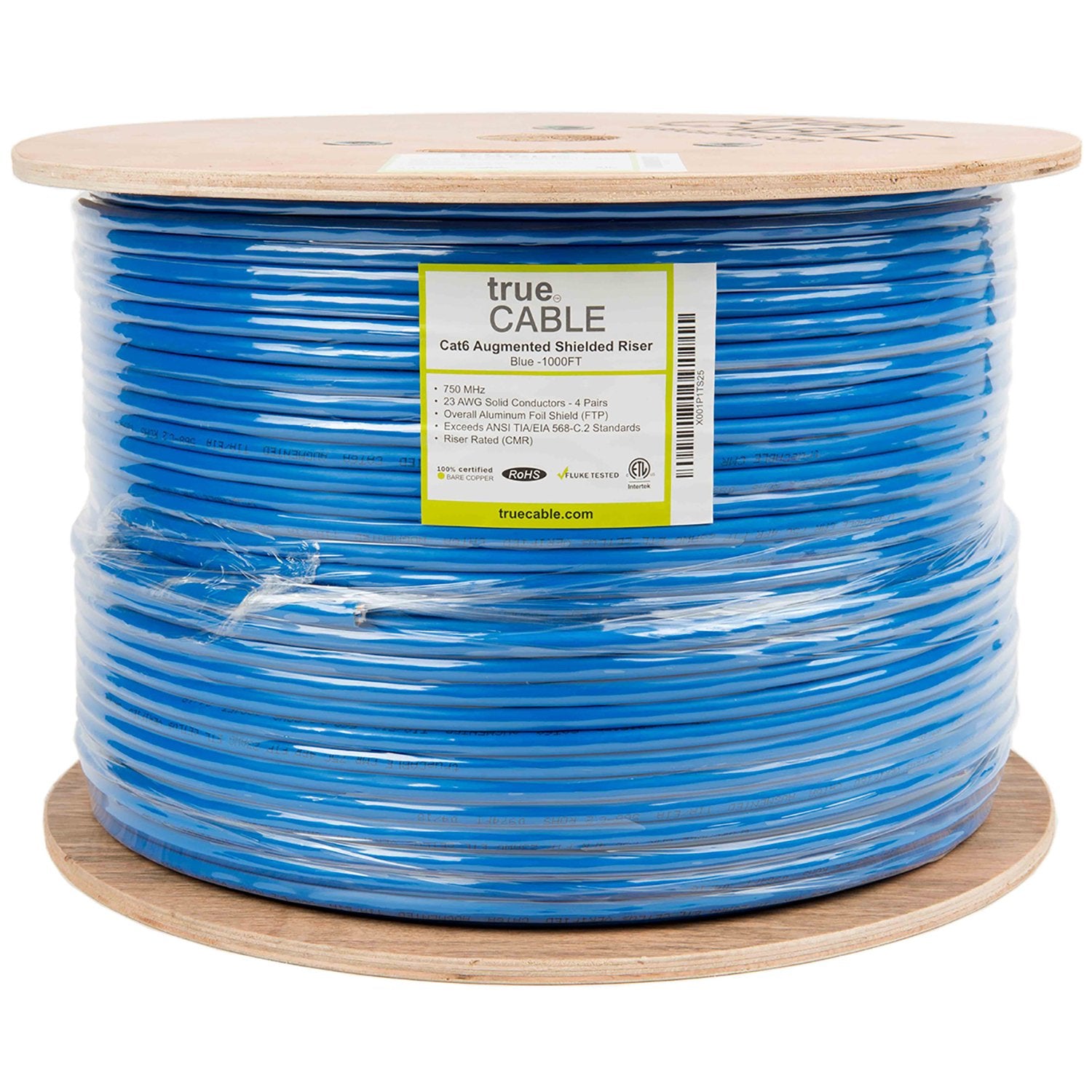 Cat6A Shielded Riser Ethernet Cable Blue 1000ft trueCABLE Reel Label