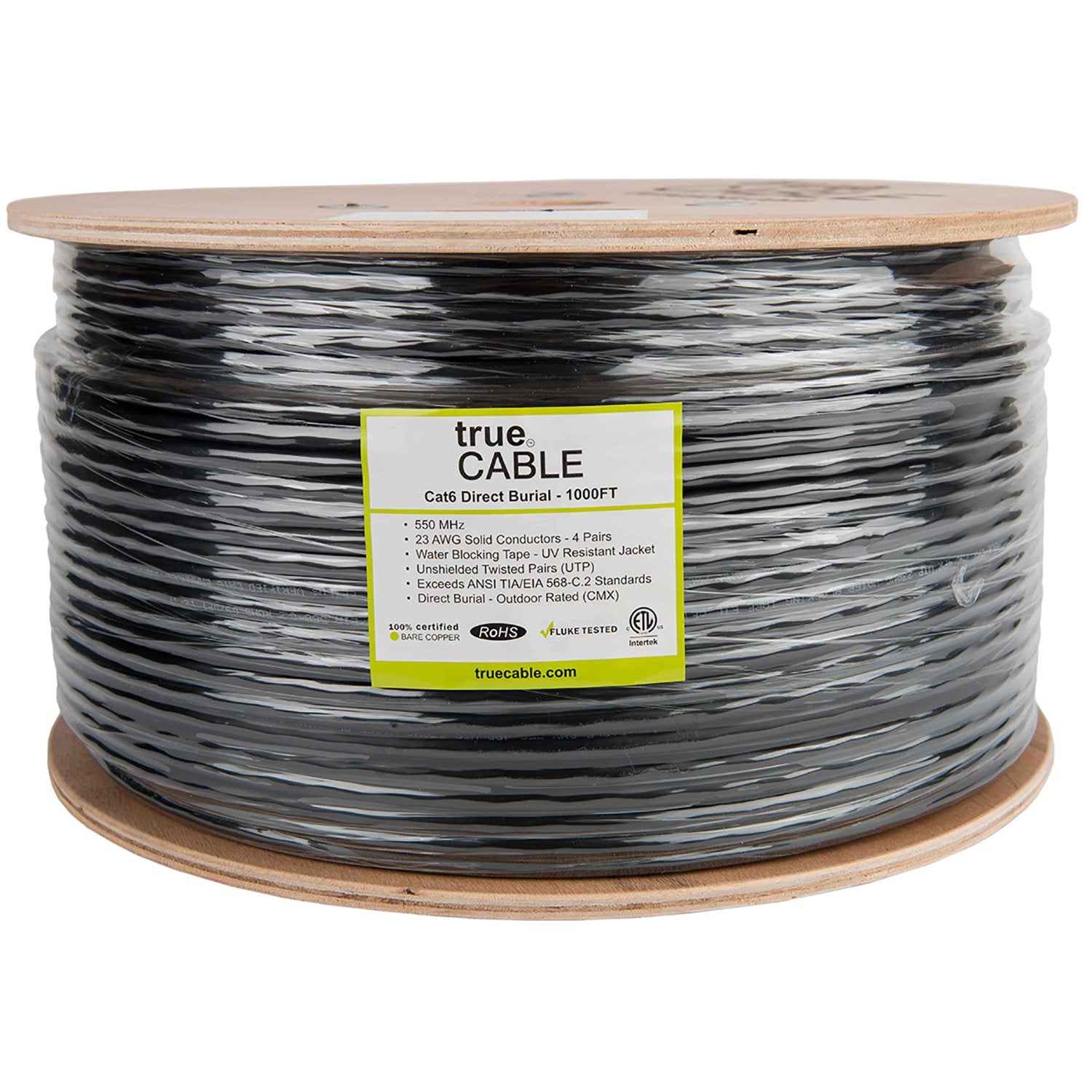 Outdoor Cat6 Cable Black 1000ft trueCABLE Reel Label