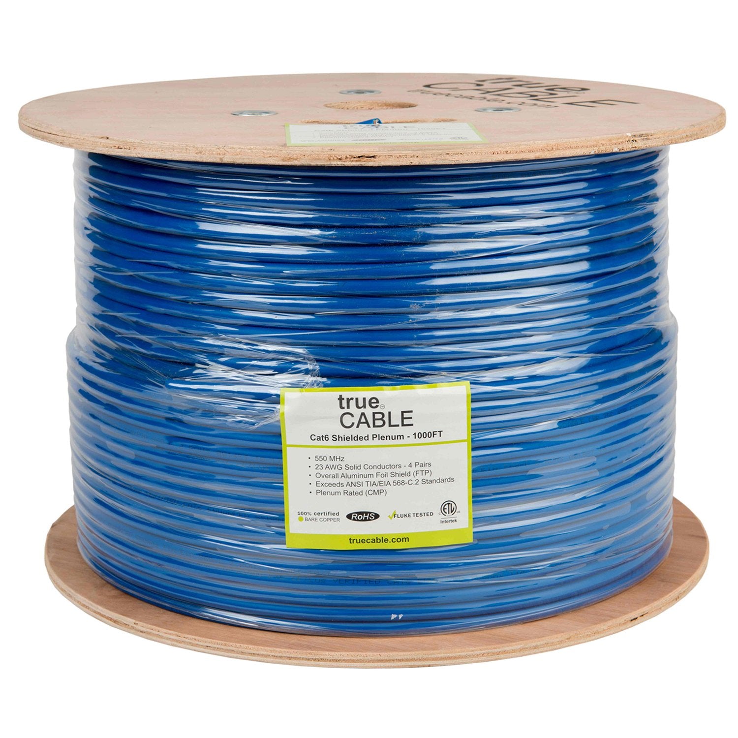 Cat6 Shielded Plenum Ethernet Cable Blue 1000ft trueCABLE Reel Label